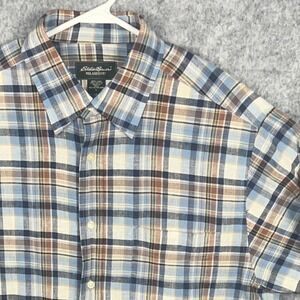 Eddie Bauer Men's Large Relaxed Fit Linen Cotton Plaid Short Sleeve Button Shirt